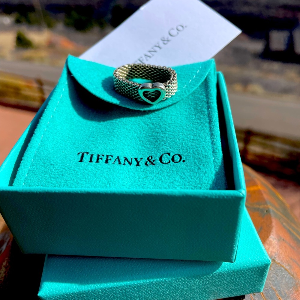 Genuine Tiffany Mesh Heart Ring with original box and suede Tiffany Blue pouch
